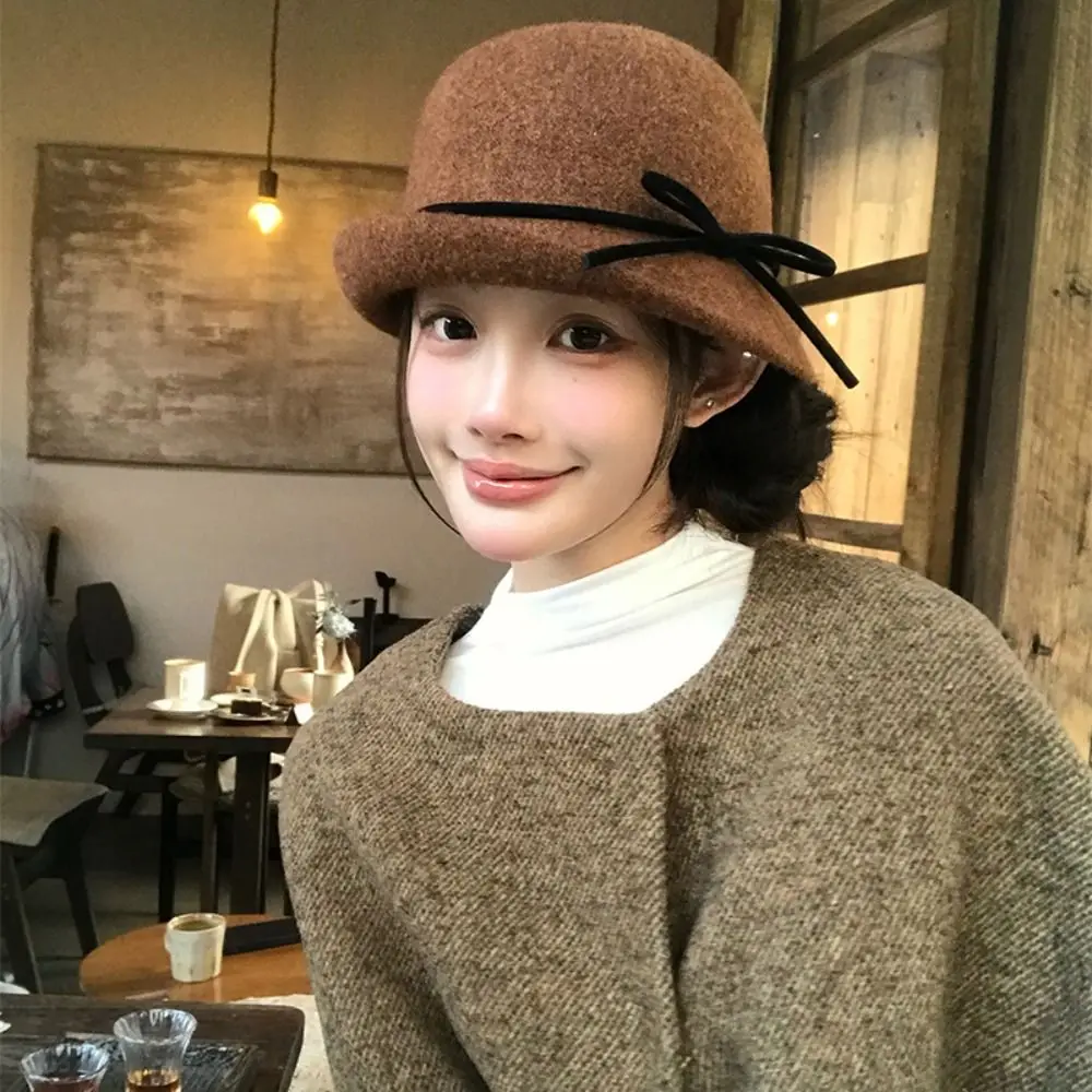 

Retro Bowknot Hepburn Style Topper Hat French Style Pure Color Women Formal hat British Style Elegant Wool Fisherman Hat Outdoor