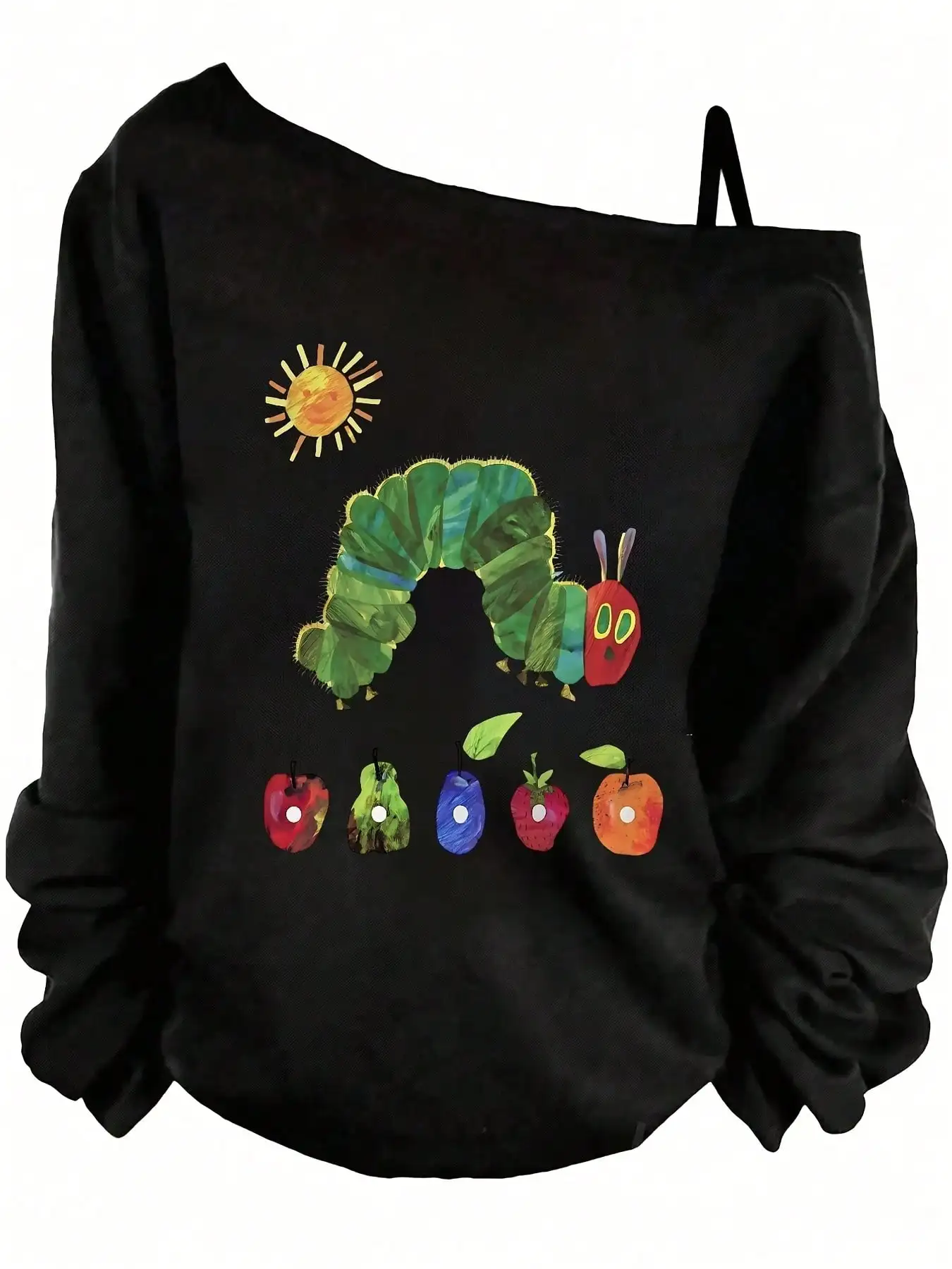 

Black Off-Shoulder Sweatshirt with Ruched Sleeves & Very Hungry Caterpillar Print - Whimsical Pullover for Women
