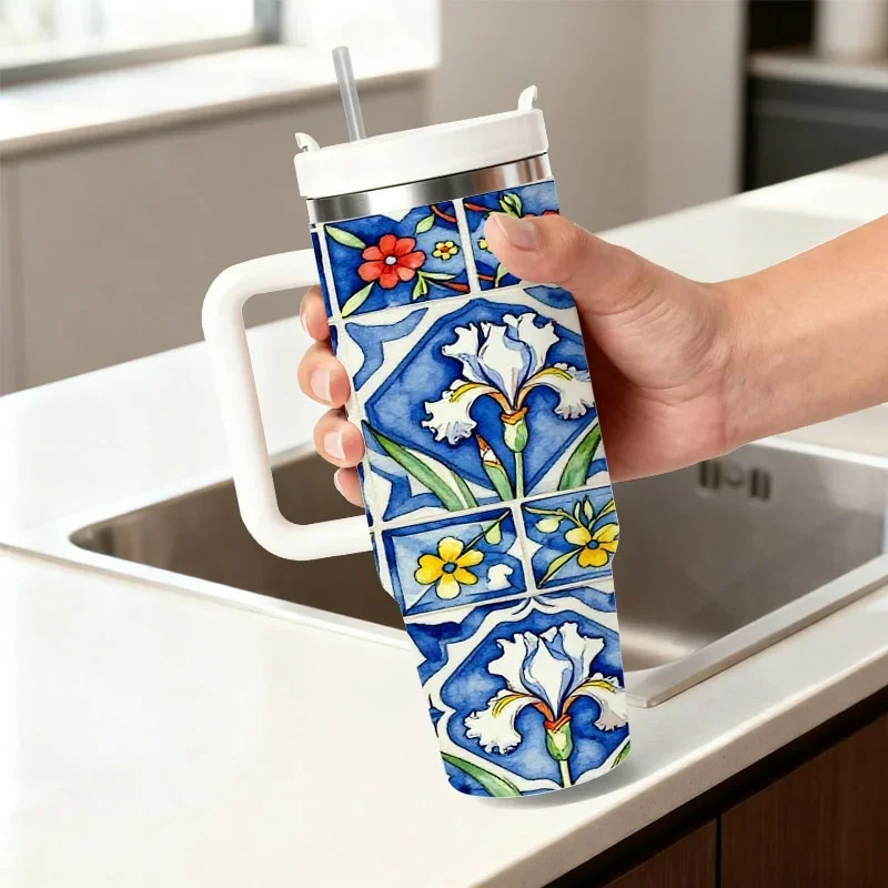 Vibrant Blue Tile Floral Print 40oz Stainless Steel Insulated Tumbler, Digital Printed Iris Flower Pattern Drinking Cup, Reusable Drink Container for Daily Use, Road Trips & Outdoor Activities