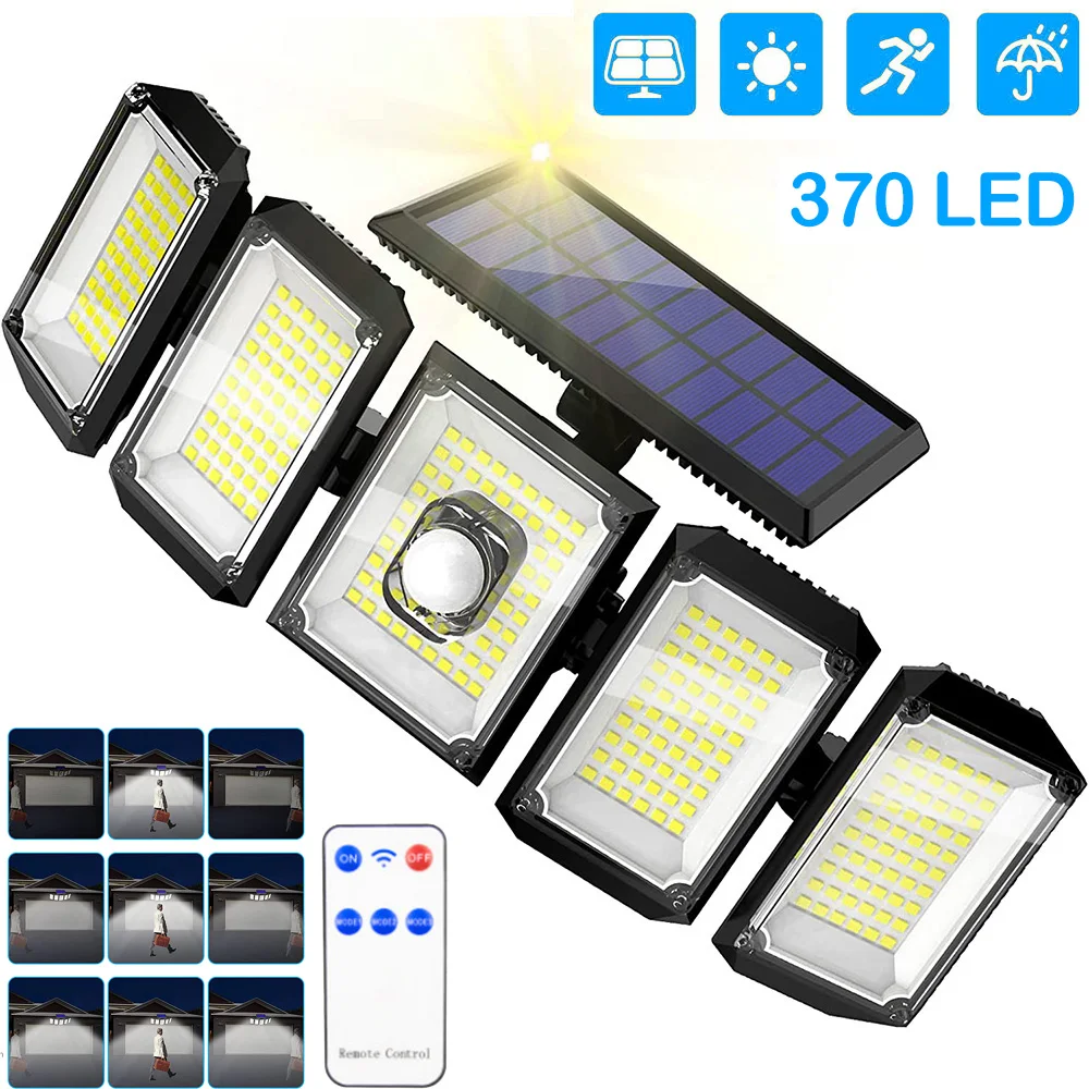 

300LED Solar Lights Outdoor Motion Sensor Adjustable Heads Flood Light IP65 Waterproof Remote Control Garden Security Wall Lamp