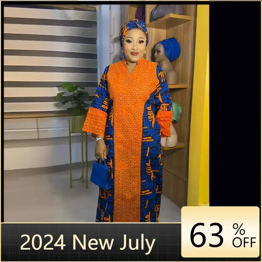 

With Headtie 2024 African Dresses for Women Muslim Lace Boubou Dashiki Traditional Africa Clothes Ankara Outfit Evening Gowns