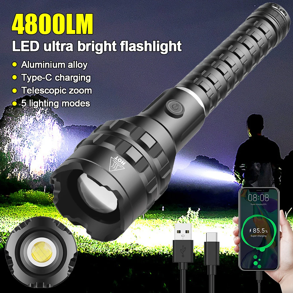 Strong Light Powerful LED Flashlight USB Rechargeble Zoom Lantern Torch IPX66 Waterproof Tactical Flash Light for Camping Light