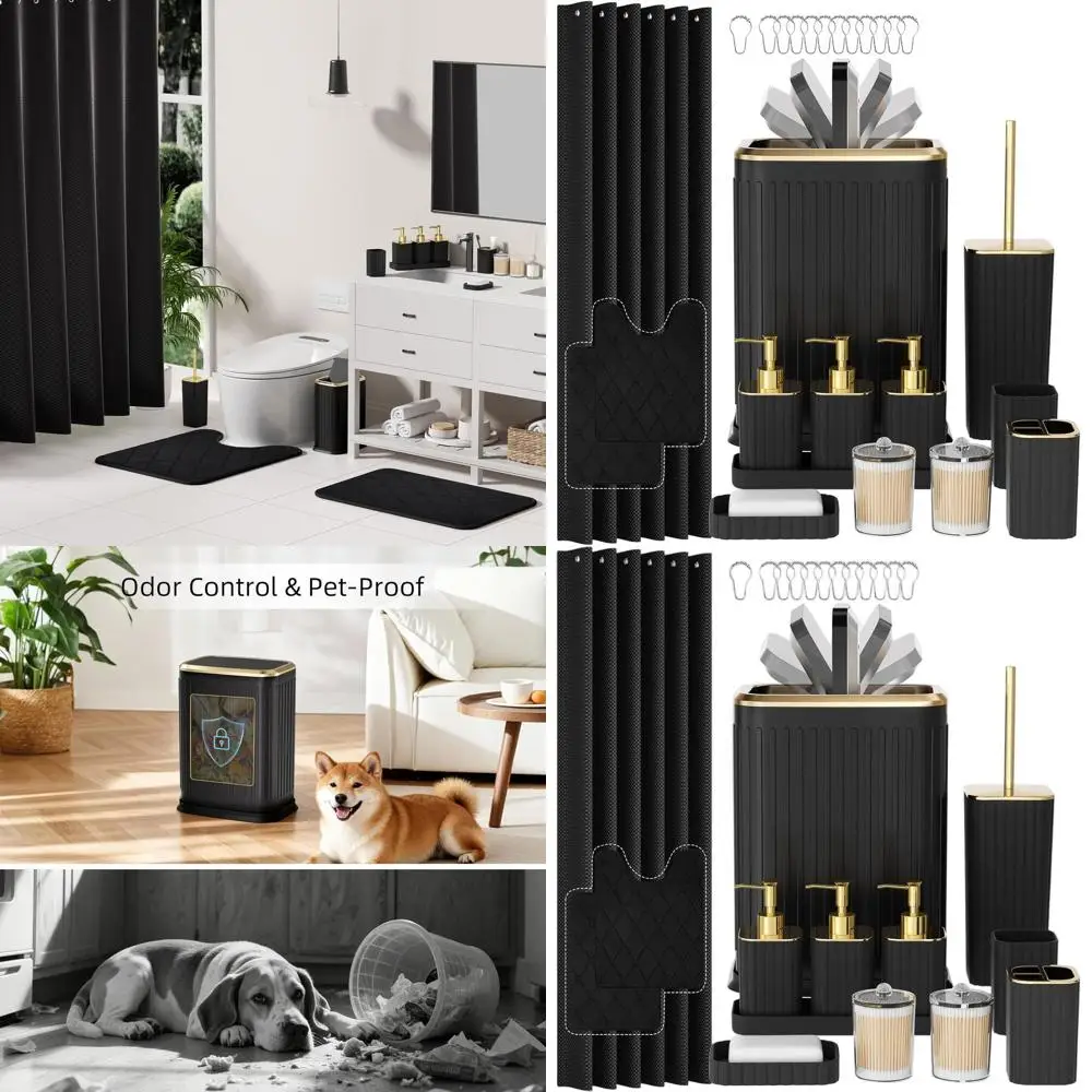 

Complete 26-Piece Black Bathroom Accessory Kit: Shower Curtain, Rugs, Trash Bin, and Toilet Brush