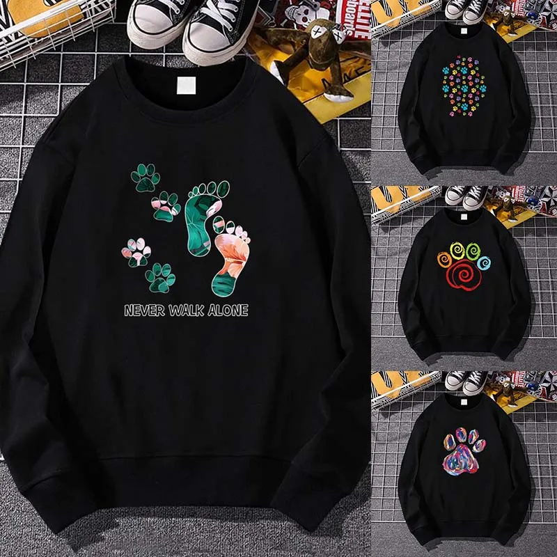 

Sweashirt Men Women Couple Hoodies Spring Autumn Black Footprints Print Pullovers Long Sleeve Tops O-neck Casual Streetwear Top