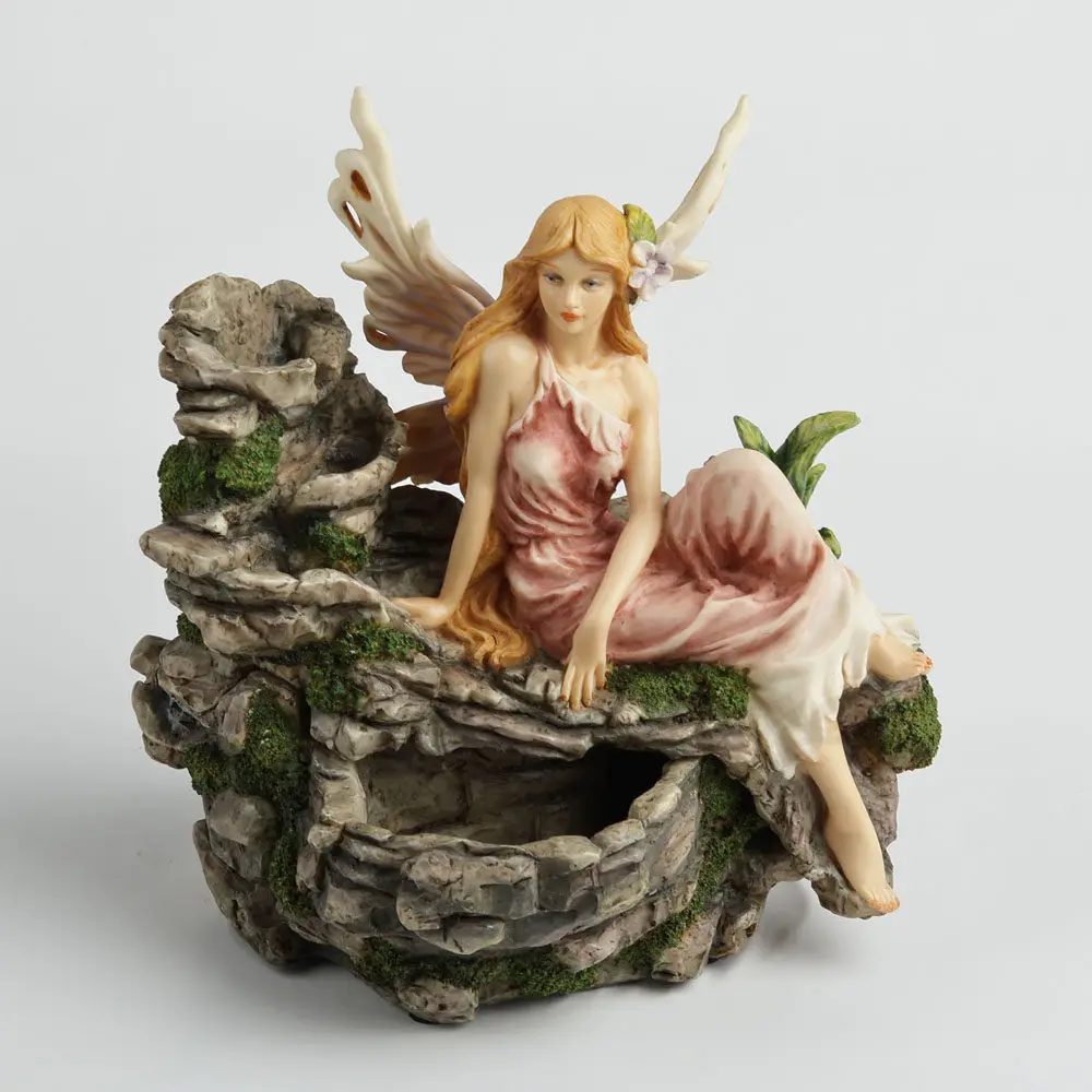 Fairy Figurine Sitting on Rock Resin Statue Winged Elf with Hollow Storage Cavity Fantasy Garden Ornament Home Room Decoration