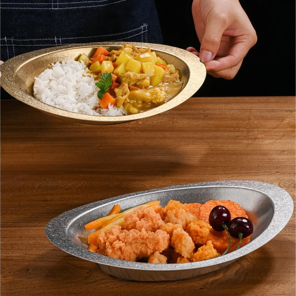 1 Stück Vintage-Edelstahlplatte in Bootsform, kreative Servierplatte für Curry, Salat, Snacks, leicht zu reinigendes Geschirr