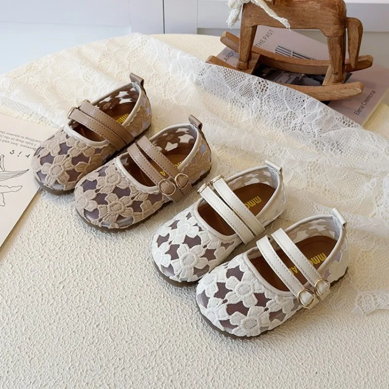Flowers Embroidery Children Flats Shoes Spring Summer Mesh Solid Girls Princess Shoes Breathable Non Slip Party Shoes For Kids