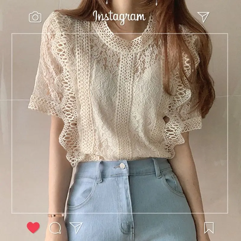 Lace Shirts and Blouses for Summer Short Sleeve Top Women Korean Fashion Woman Blouse 2024 Hollow Out O-neck Clothes 2024 New