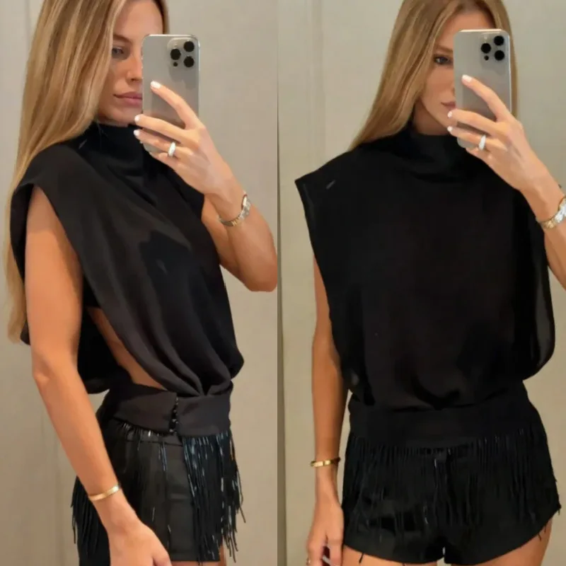 

New Black Stand-up Collar Sleeveless Top + Fringed Shorts Set, Sexy Party-style Two-piece Outfit Dresses For Women Luxury Robe
