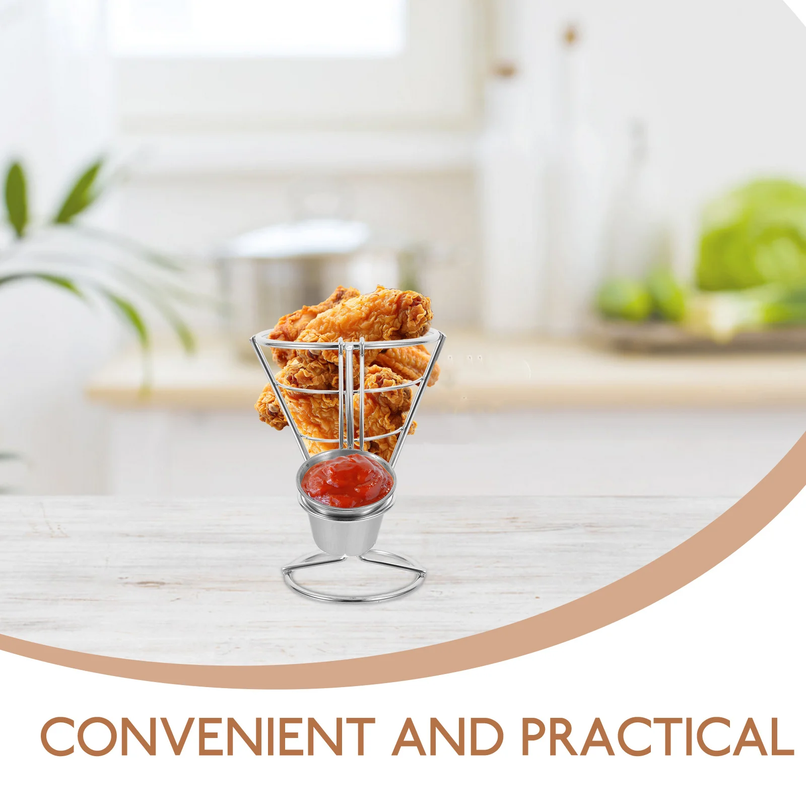 

Chicken Fry Display Stand Holder Stainless Metal Basket For Cone With Sauce Dipper Fries Food Stand Metal Basket For Fries