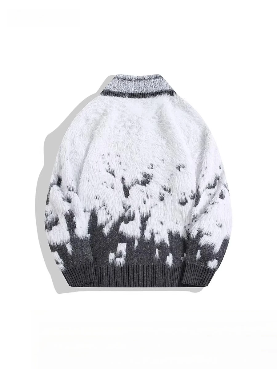 2025 Autumn Winter New Plush Gradient V-Neck Casual White Sweater Men's Street Fashion Loose Daily Gray Knitwear