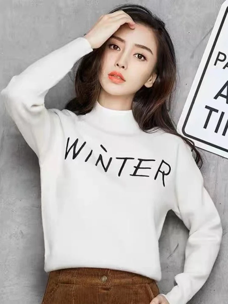 

Мягкий уютный женский свитер с круглым вырезом и вышитой надписью, свободный крой, осенне-весенняя новинка, базовый слой из ткани, приятной на ощупь