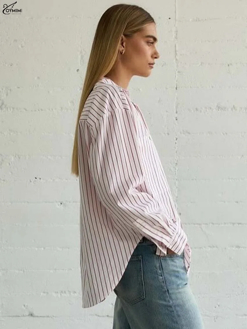 Oymimi Camicette da donna eleganti con stampa bianca Camicette a maniche lunghe con colletto rovesciato alla moda Camicia femminile monopetto casual autunnale