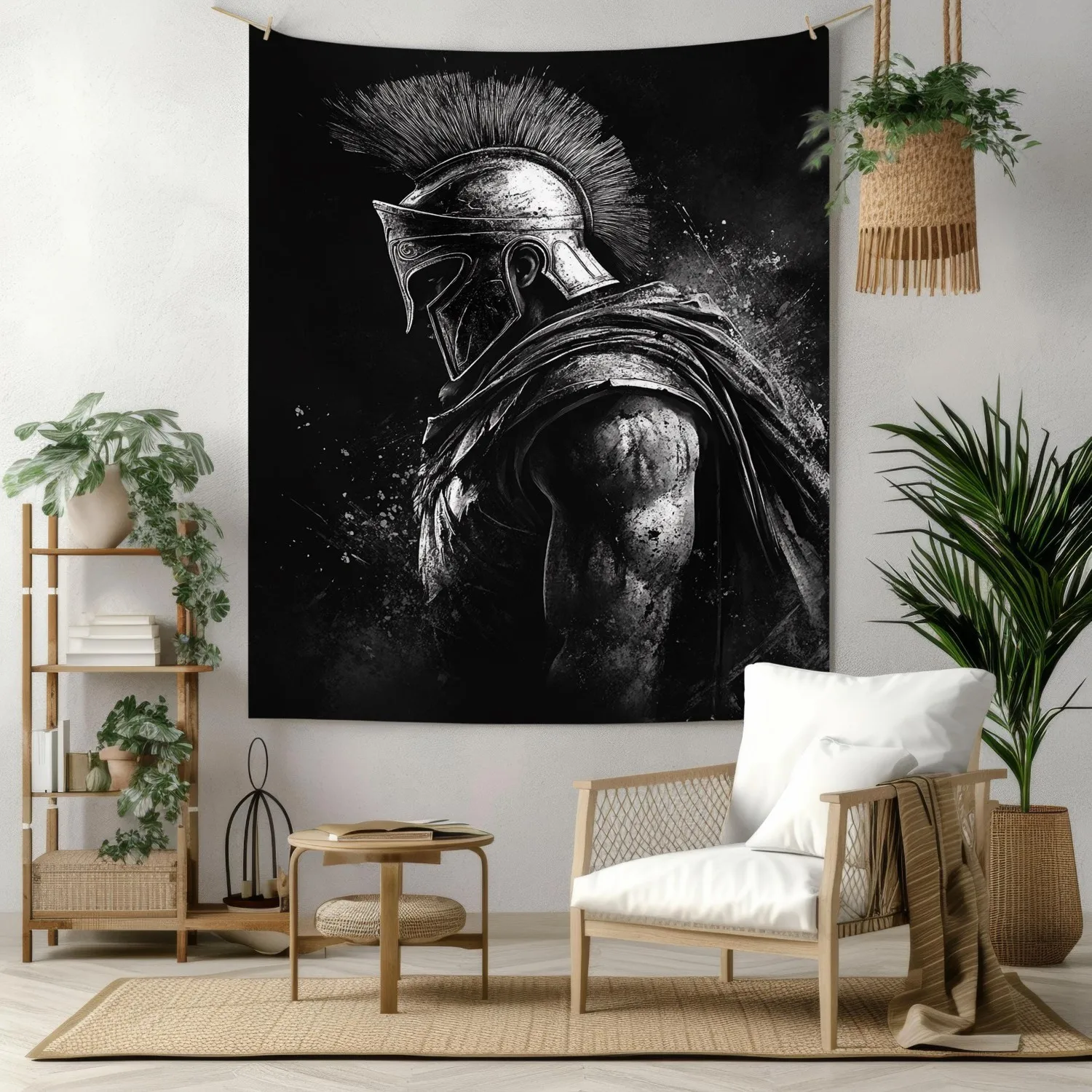 VIKAMA Spartan Warrior Tapestry Wall Hanging Black White Gladiator Helmet Portrait Grunge Aesthetic Wall Art Bedroom Dorm Decor