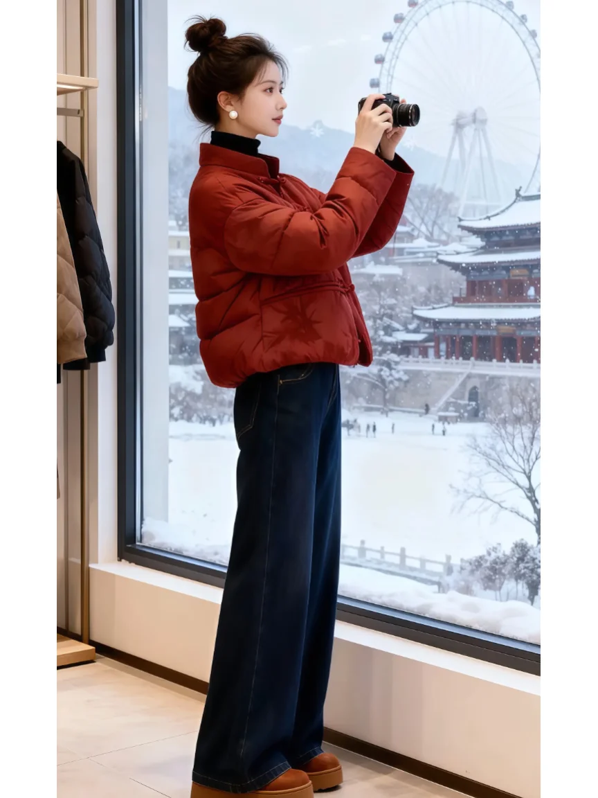 

Красное хлопковое женское пальто с воротником-стойкой Faion 2026, зимнее новое китайское пальто на пуговицах, корейское свободное длинное пальто