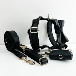 Black Leather Dog Collar And Leash Set For Dogs Custom Engraved Nameplate Pet Supplies Dog Leash PU04