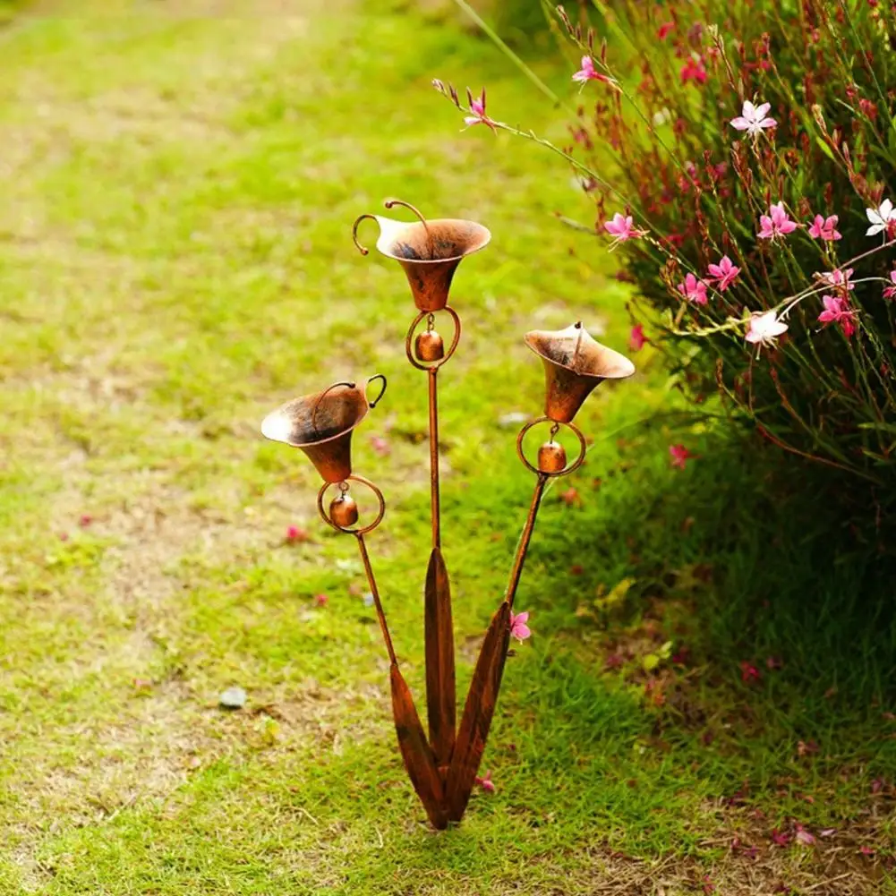 Garden Stake with Bell Wind Chime Callalily Design Flamed Copper Finish Metal Yard Art Outdoor Decor for Pathway Patio Flower