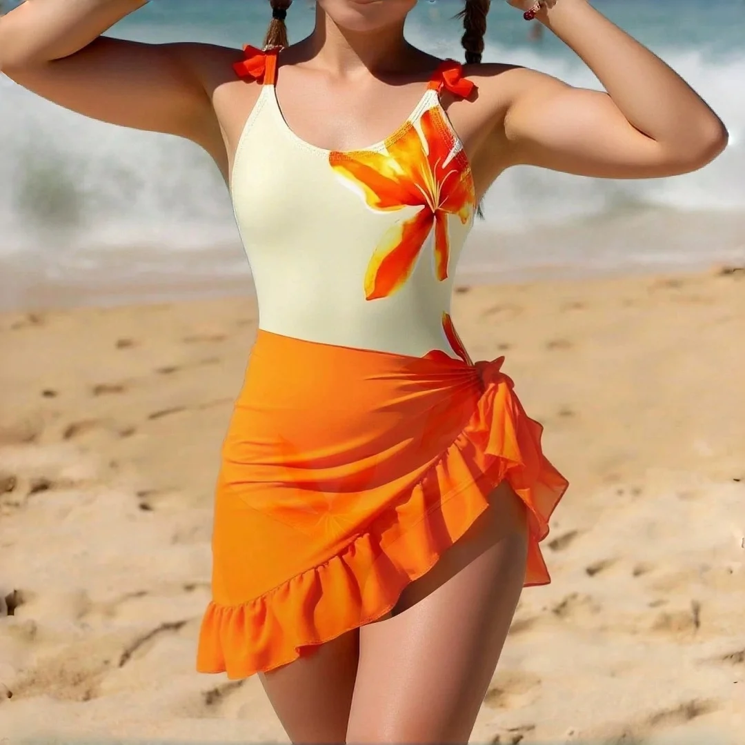 Tween Girls Floral Printed 2pc Swimsuit Summer Swimwear For Holiday & Beach Children Girl Bathing Suit Orange Color 8Y To 12Y