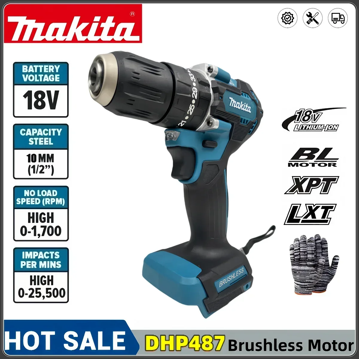 

Makita DHP487 10MM Impact Cordless Hammer Drill 18V LXT Brushless Motor Electric Screwdriver Variable Speed Electric Tool