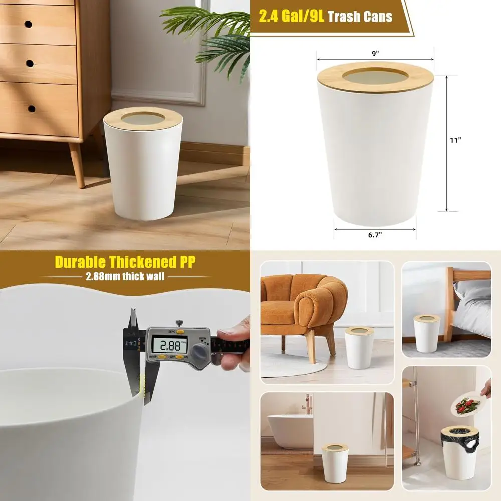 

Bamboo-Lid Trash Cans, 3-Piece Set, 2.4 Gallon Modern Waste Bins for Home & Office, Boho Chic Style