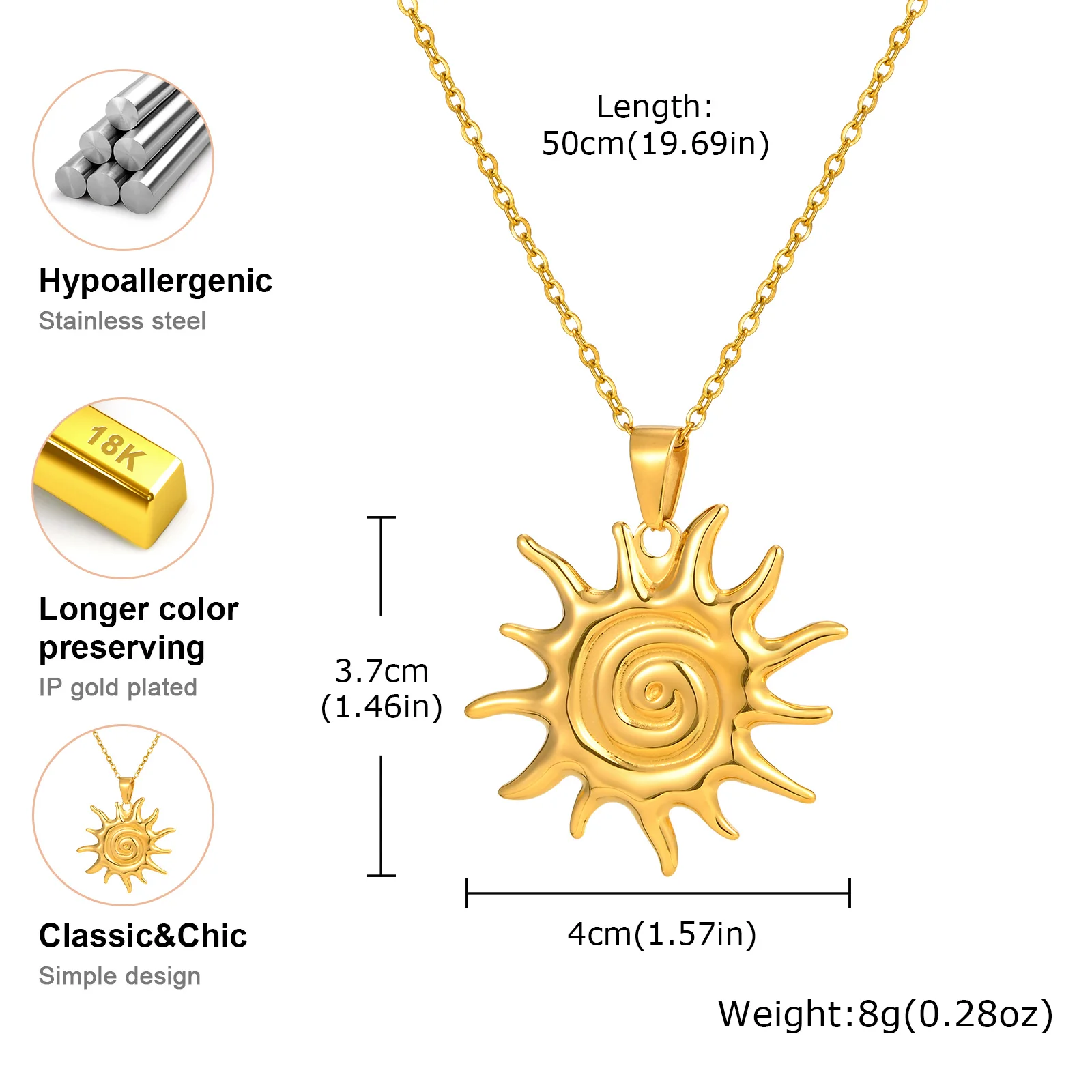قلادة من الفولاذ المقاوم للصدأ على شكل شمس، قلادات سلسلة نسائية مطلية بالذهب، هدية مجوهرات بسيطة