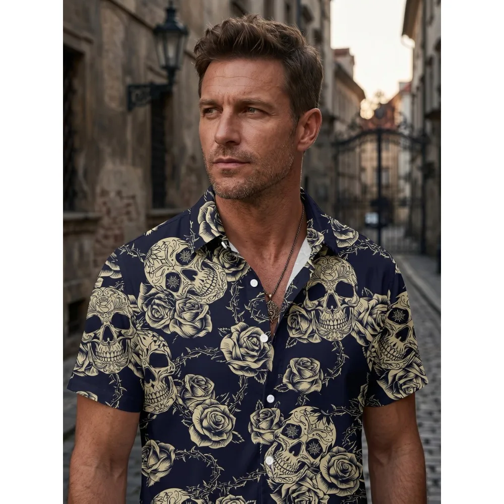 Men's Vintage Tattoo Skull Rose Print Hawaiian Shirt Thorn Flower Short Sleeve Lapel Button Down Dark Beach Aloha Top