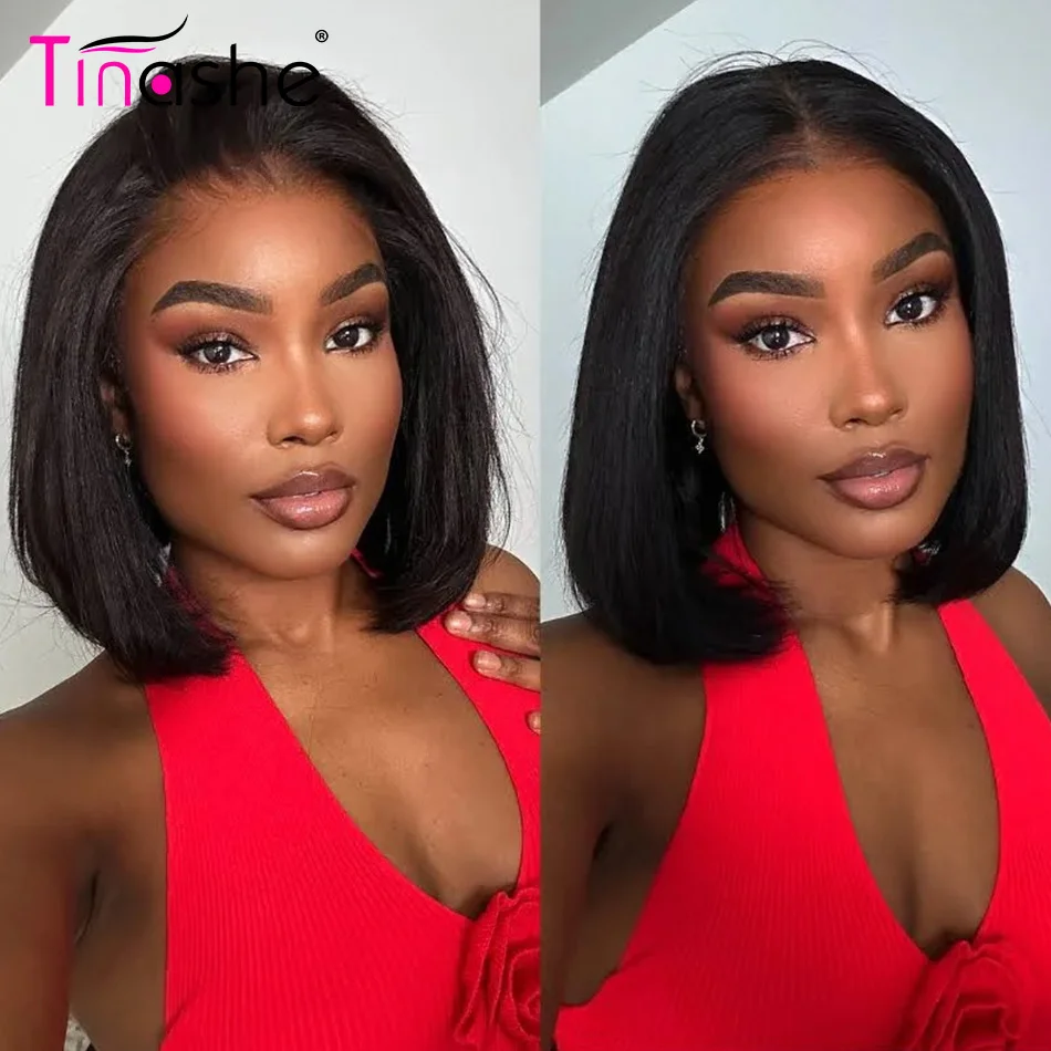 Tinashe V Part Short Bob Wig 100% Yaki Straight Human Hair Glueless Wig Drawstring Protective Style