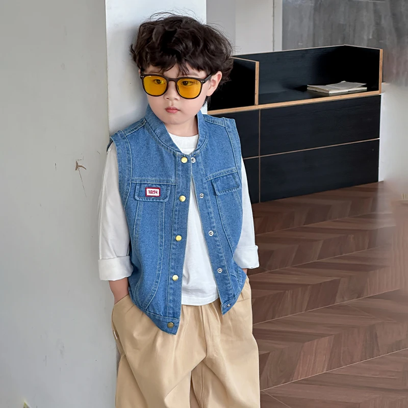 Kids New Designer Denim Vest with Stand Collar for Baby Boy Stylish Blue Sleeveless Jacket Cardigan with Buttons Child Waistcoat