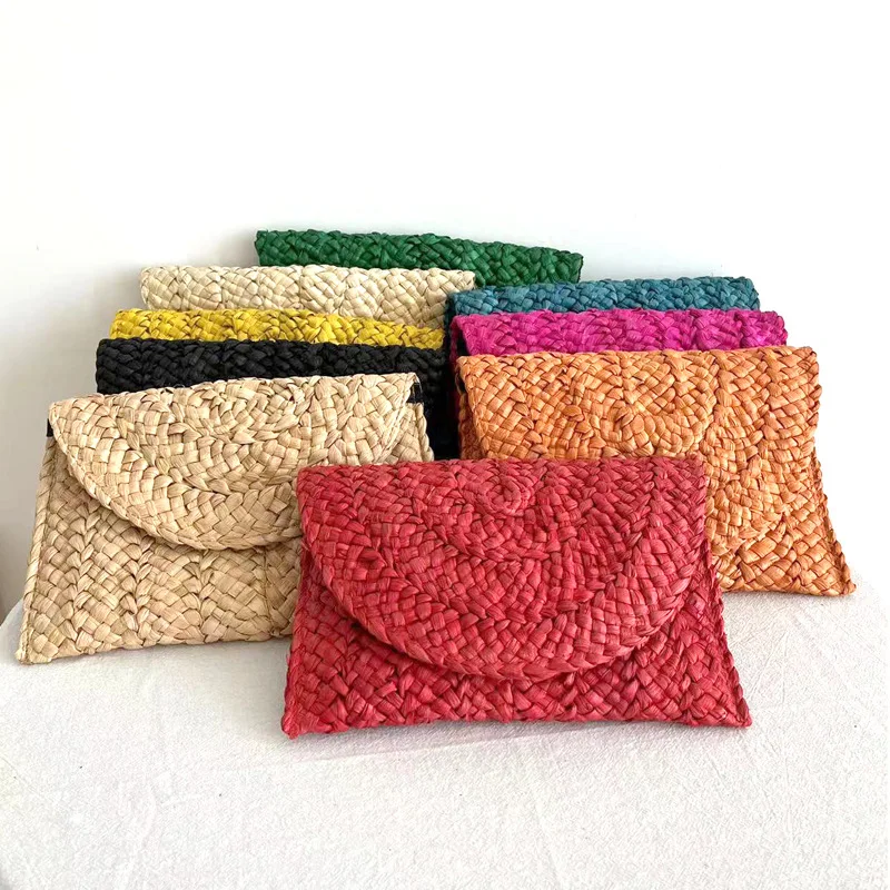 Fashion Beach Purse Women Summer Beach Bag Envelope Woven Clutch Solid Color Large Capacity Storage Bag Corn Husk Straw Hand Bag