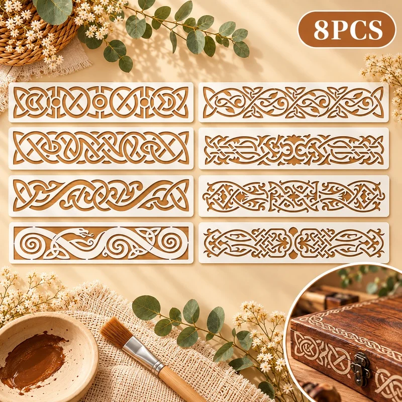 8Pcs Viking Celtic Border Stencils Reusable PET Stencils for Painting Norse Knot Pattern Wood Leather Wall Furniture DIY Decor