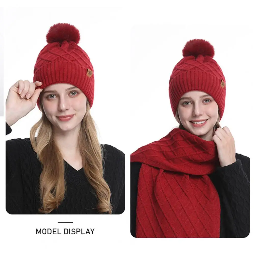 Warm Non-stuffy Hat Set Winter Hat Scarf Gloves Set for Women Plush Ball Decor Beanie Hat Knitted Long Scarf Touchscreen Gloves