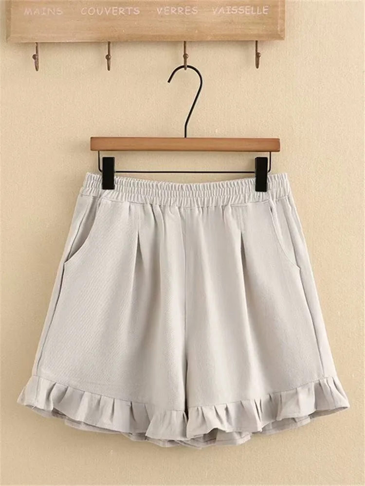 

Plus Size Women's Clothing Summer Elasticated Waist Shorts Pleated Trim At The Bottom Of The Leg Thin Non-Stretch Solid Shorts