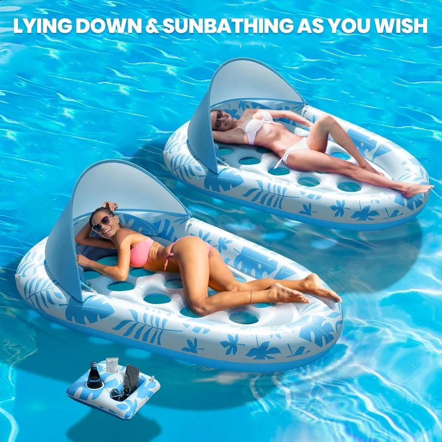 Iatable Pool Floats Adult 3in1 Pool Float Lounger with Canopy and Cup Holder XL Floating Pool Floaty Raft for Swimming Pool Lak