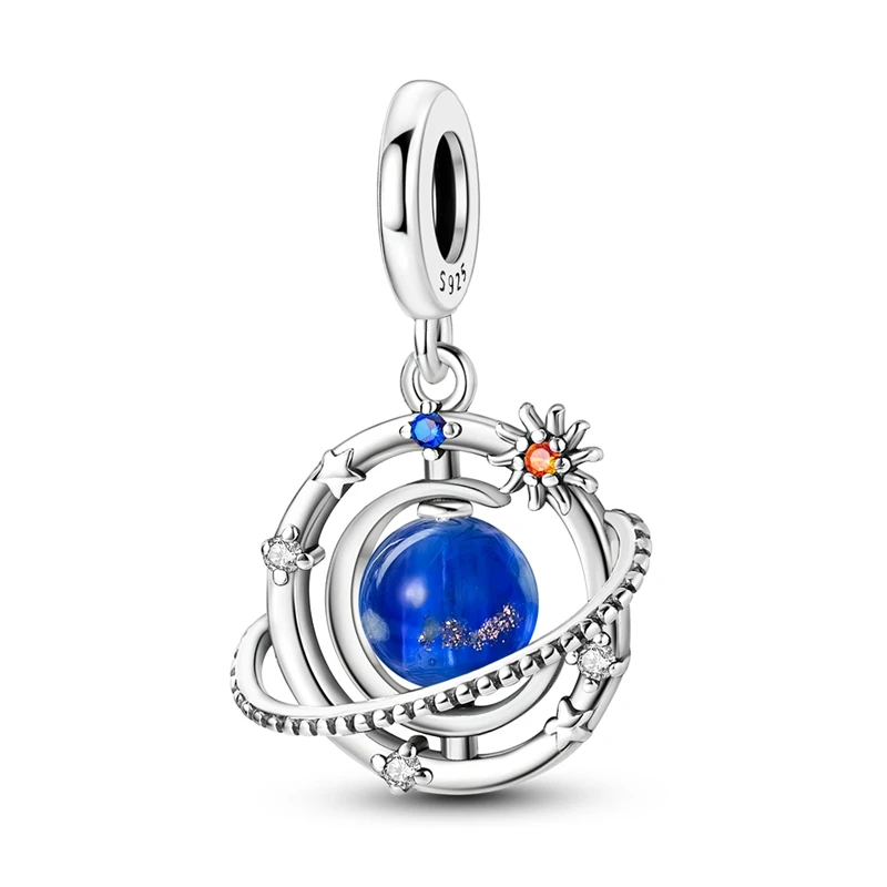 925 Sterling Silver Pink Charms Bead CZ Zircon Luminous Planet Dangle Fit Original Bracelet DIY Women Jewelry Gift