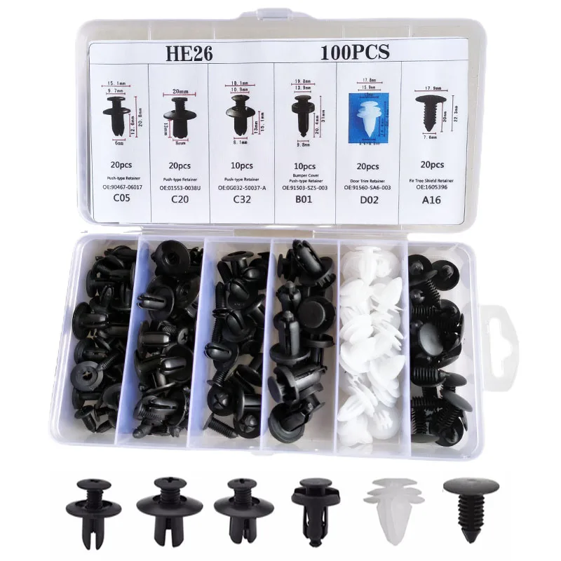 

100pcs Car Fastener 6 Size Universal Auto Clips Mixed Body Push Retainer Pin Rivet Bumper Door Trim Panel Retainer Fastener Kit