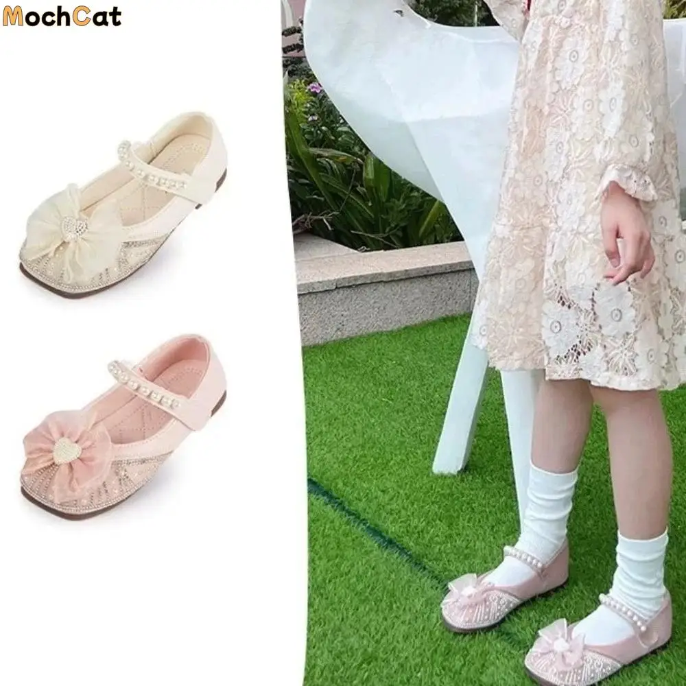 

Fashion Pearl Children Leather Shoes Soft Soled Mesh Bowknot Mary Jane Shoe Lightweight Slip-on Style Girls Princess Shoes Party