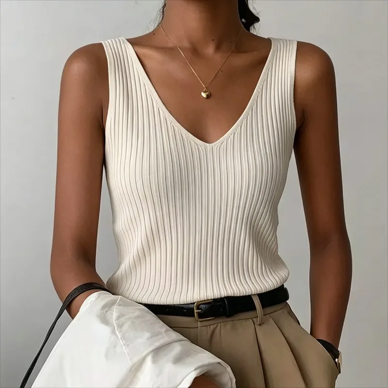 2026 Fashion Women's Tanks Camisole Ice Silk Knit Tank Tops Slim Fit Sleeveless Base Tops Solid Color V-Neck Casual Beach Shirts