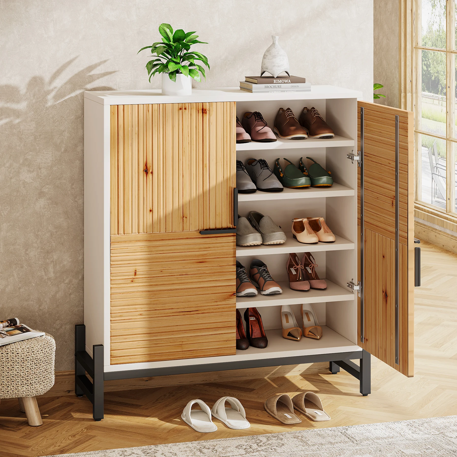 

Tribesigns Shoe Storage Cabinet Entryway: 5 Tiers Wood Shoe Organizer with Doors, Vintage Shoe Rack Cabinet