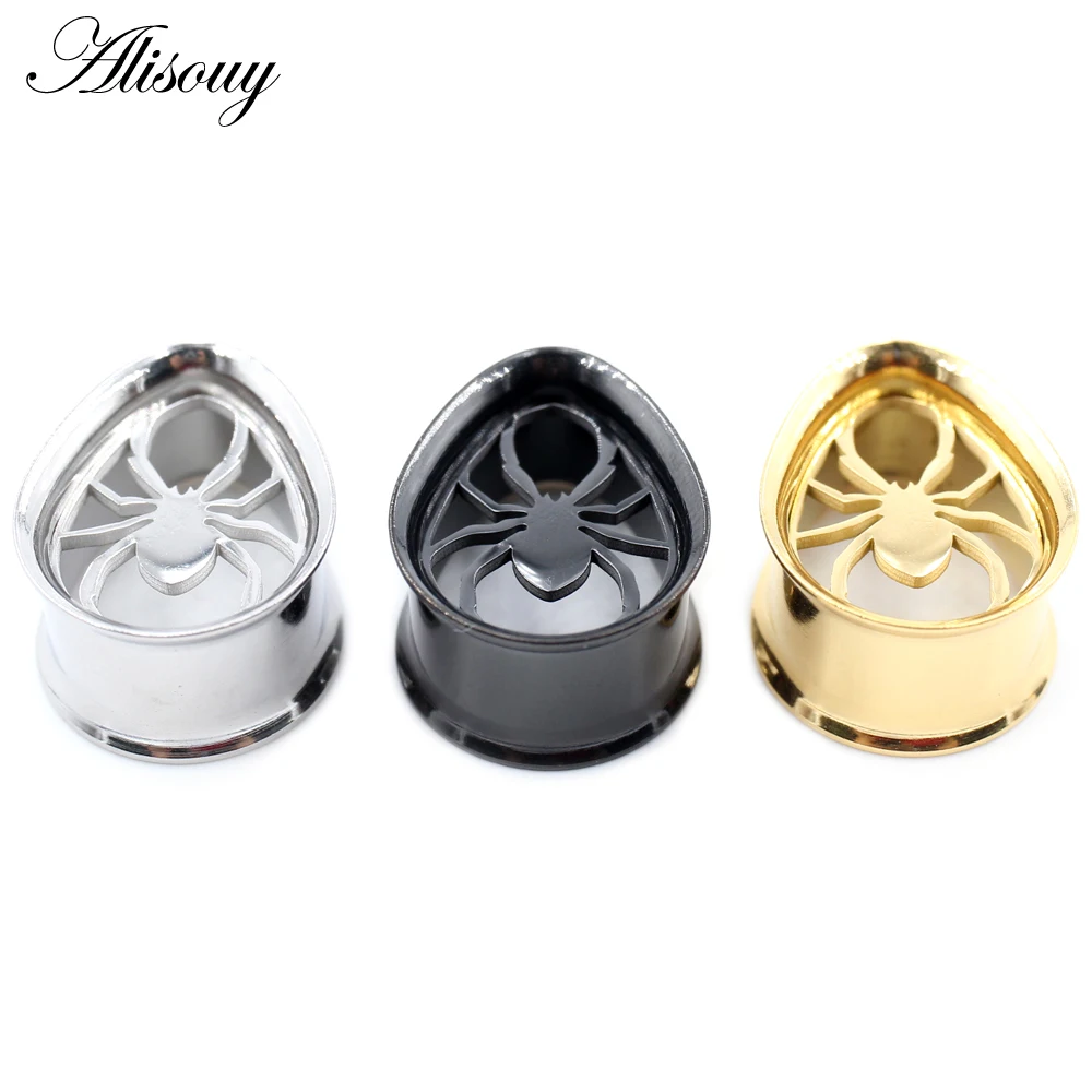 Alisouy 2pcs 8-25mm Stainless Steel Water Drop Spider Ear Tunnels Plugs Expanders Stretchers Flesh Gauges Piercing Body Jewelry