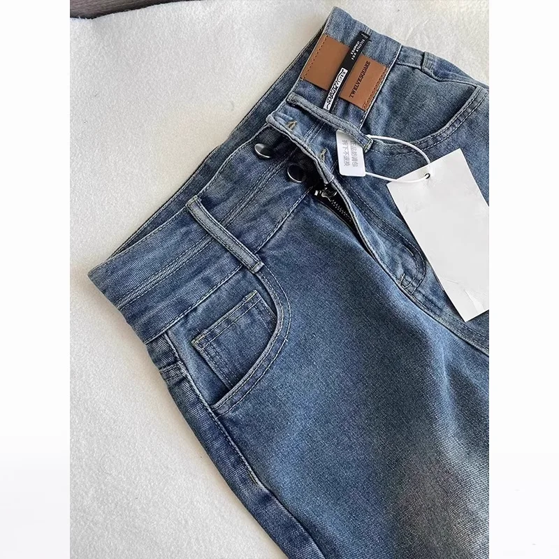 Damskie jeansy vintage z wysokim stanem, szerokimi nogawkami, prostym krojem, dopasowane, luźne, z podwójnymi kieszeniami, długie do podłogi, w kolorze niebieskim.
