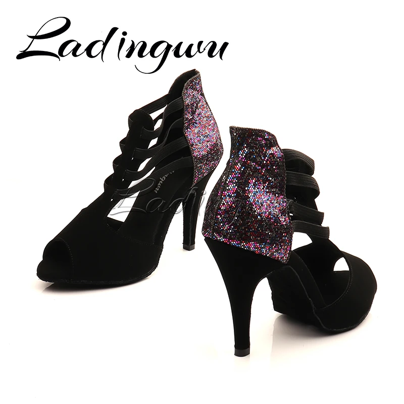 Ladingwu Stretch Rubber Band and Ankle Dance Boots Ballroom Tango Salsa Dance Shoes Women Latin Dance Shoes