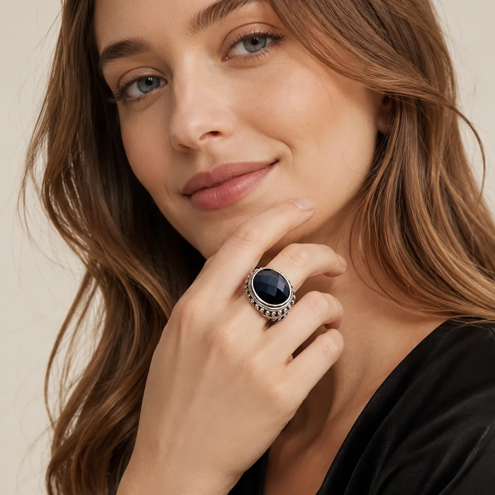 Cocktail Ring Black Oval CZ Skull Skeleton,Europe Style Fashion Jewelry Gift In 925 Sterling Silver For Men & Women