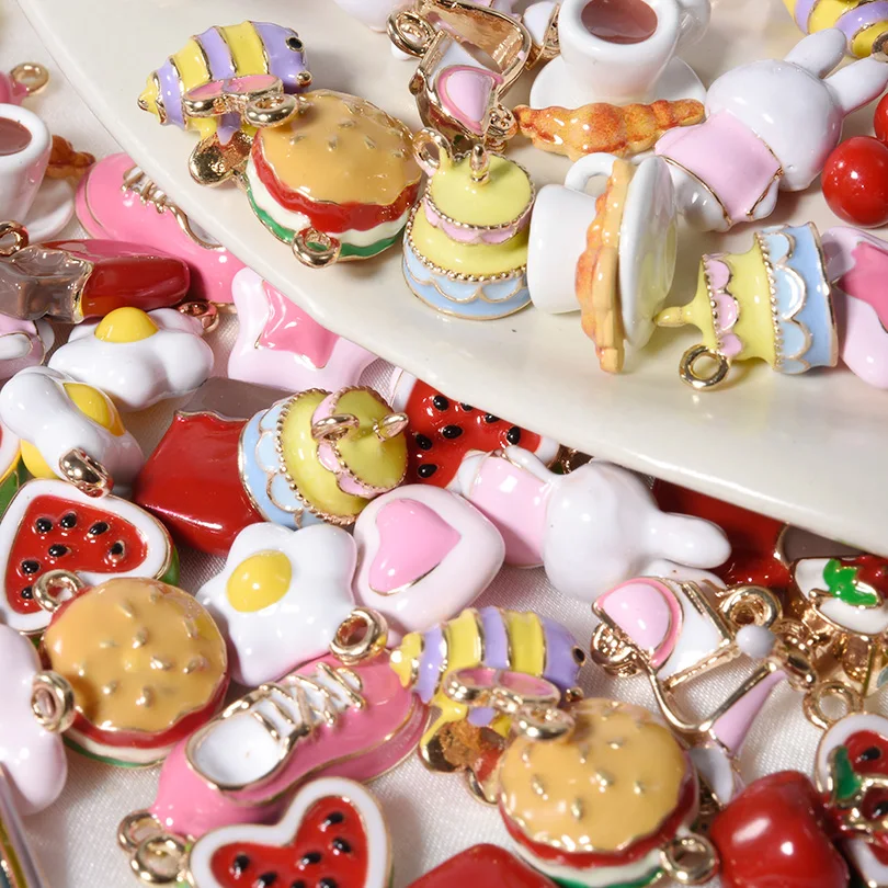 3pcs/lot Girls Necklace Earring Findings Pink Series Cute Chocolate Rabbit Love Star Bee Burger Cherry Pendants Jewelry Making