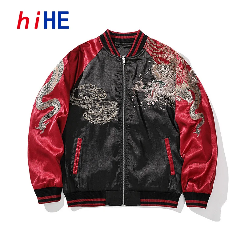 Sukajan Embroidery Baseball Jacket Men Satin Zipper Coat Hip Pop Punk Male Clothing Luxury Casual Cothes Brand D005A1