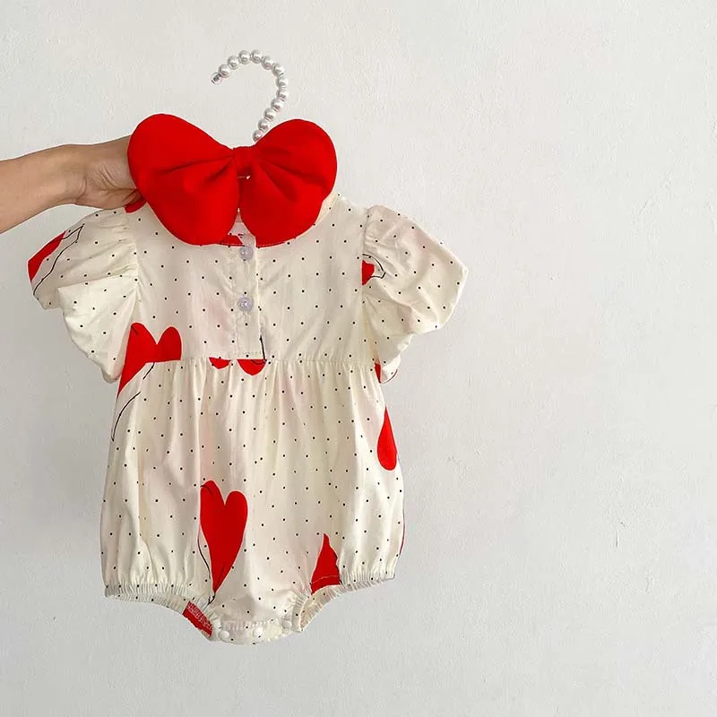 Summer Red Love Newborn Kid Girls Short Sleeve  Print Dot Cotton Clothing Bodysuits or Romper Infant Baby Cute Gift Headband