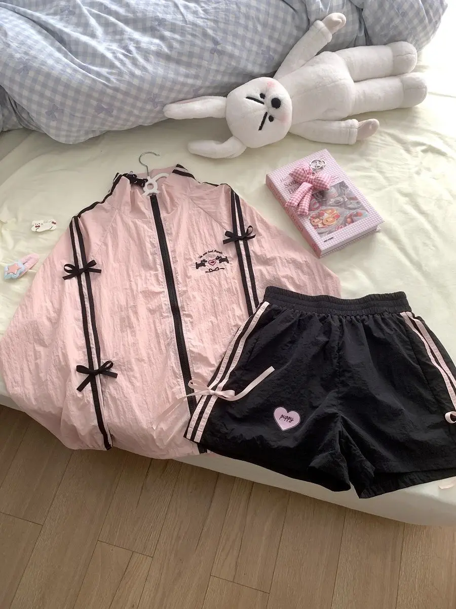 

Japanese Kawaii 2 Piece Sets Women Y2k Tops Hoodies Coats + Shorts Subculture Sweet Thin Sportwear Tracksuit Sunscreen Clothing
