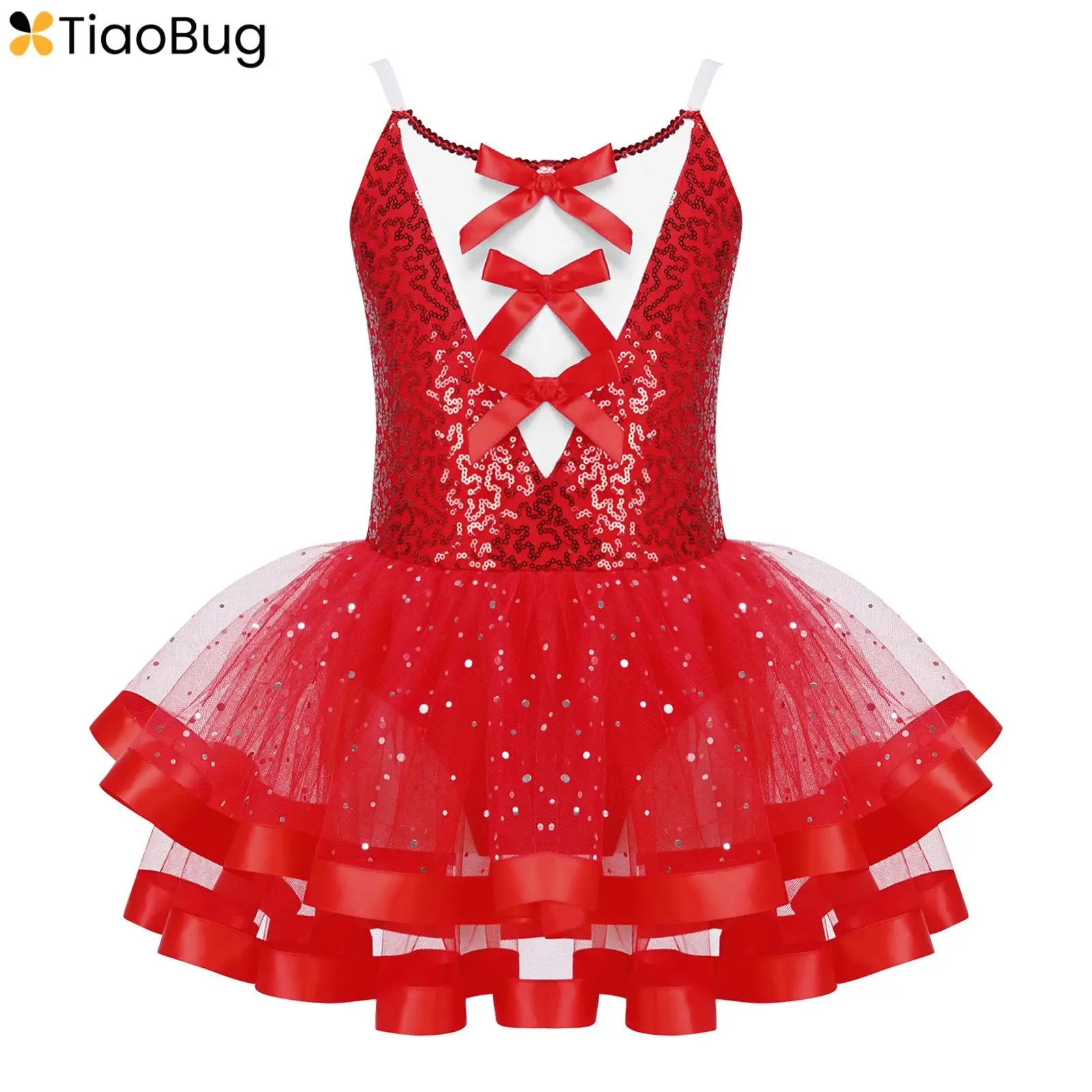 

Kids Girls Shiny Sequins Christmas Ballet Dance Dress Glitter Stars Tutu Skirted Gymnastic Leotard Ballerina Performance Costume