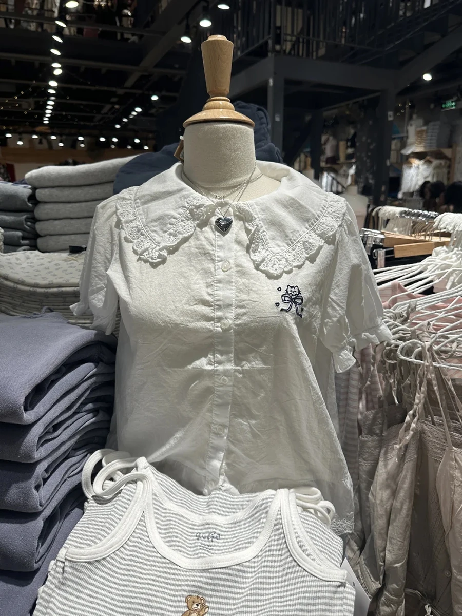 

Белая блузка с котом и бантом, женская рубашка с воротником Питера Пэна, однобортные рубашки с пышными рукавами, однотонная простая милая базовая футболка