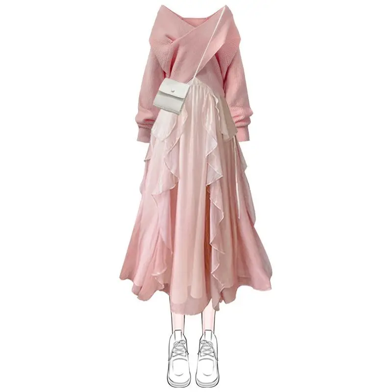 Large Size Women's Spring Autumn Suit Women's 2023 French New Pink Sweater Suspender Dress Two-piece Set