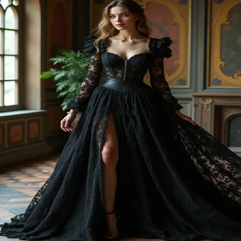 

Черное кружевное платье для выпускного вечера в викторианском стиле Ренессанс с разрезом, волшебничное мистическое вечернее платье 2025 года, готическое вечернее платье на заказ по индивидуальному заказу